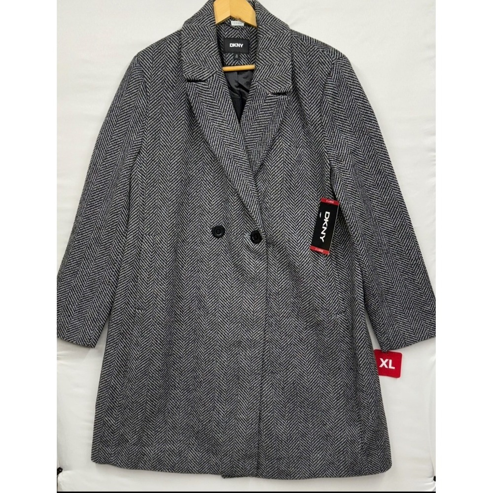 DKNY Women's‎ Herringbone Double Breasted Wool Blend Coat XL - Picture 2 of 16
